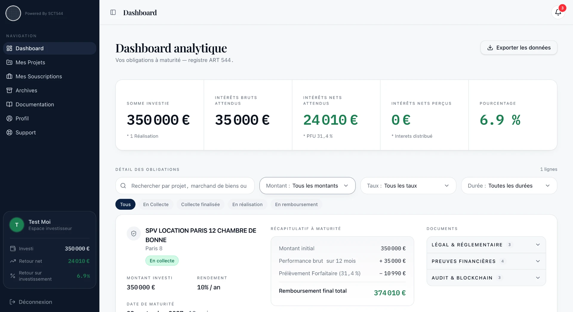 Interface SCT 544 — Dashboard analytique investisseur