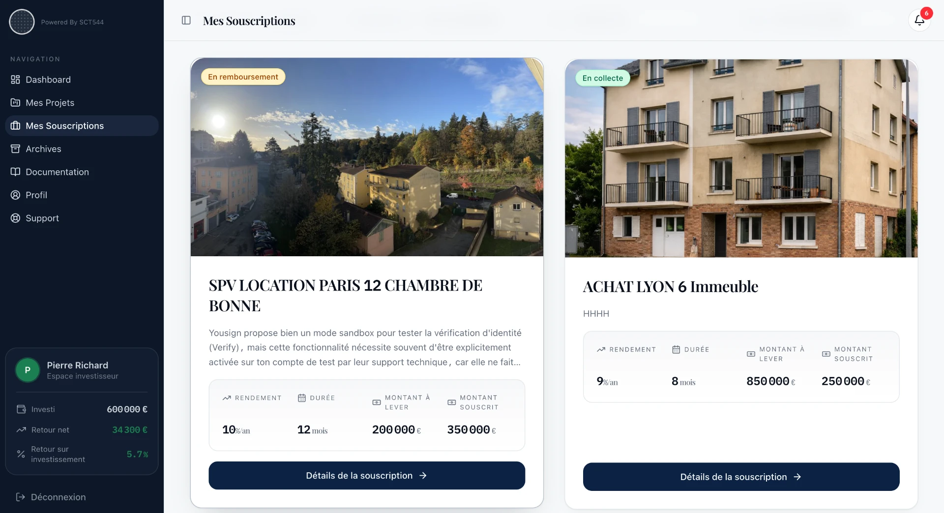 Interface SCT 544 — Mes souscriptions investisseur